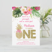 パイナップルピンクの甘い金ゴールド最初の誕生日 招待状 (スタンド正面)