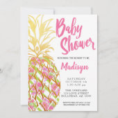 パイナップルピンク熱帯花ガールベビーシャワー 招待状 (正面)