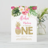 パイナップルピンク金ゴールドフローラ第1誕生日 招待状 (スタンド正面)