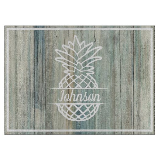 パイナップルファミリー名オン素朴ウッド沿岸ビーチ カッティングボード (正面)