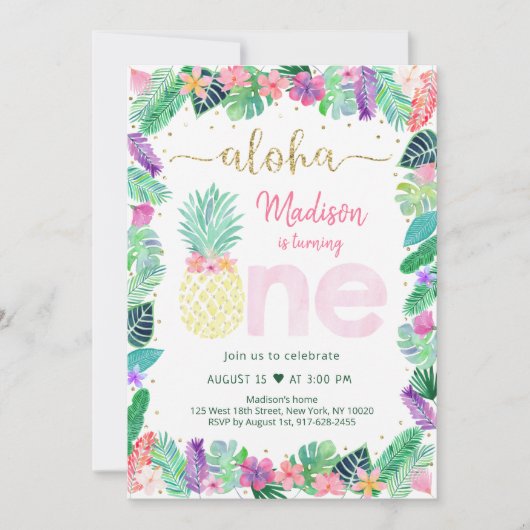 パイナップルフローラピンク金ゴールド第1誕生日 招待状 (正面)