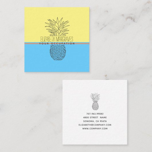 パイナップルモダンイラストレーションイエローとブルー スクエア名刺 (正面/裏面)