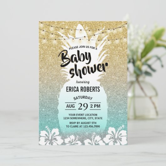 パイナップルモダン金ゴールドティール(緑がかった色)熱帯赤ちゃんシャワー 招待状 (スタンド正面)