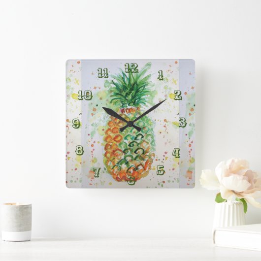 パイナップルライムトロピカルフルーツウォーターカラーアート スクエア壁時計 (ホーム)
