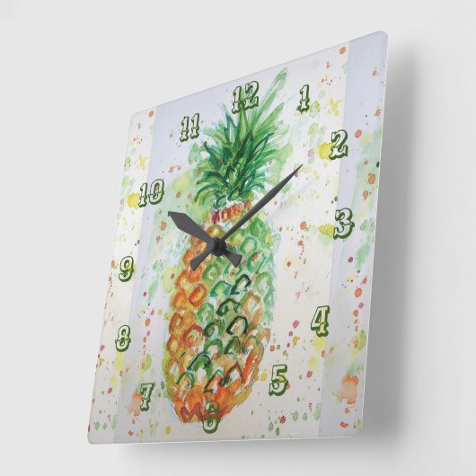 パイナップルライムトロピカルフルーツウォーターカラーアート スクエア壁時計 (傾斜)