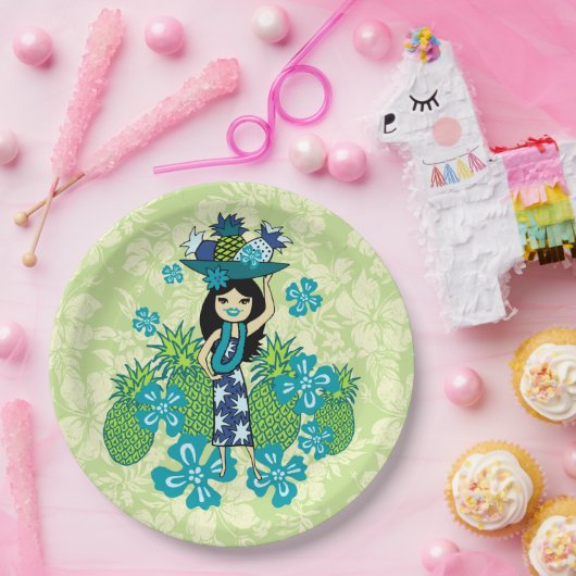 パイナップルルアウ（ハワイ式宴会）のハワイのフラ女の子 ペーパープレート (パーティー)