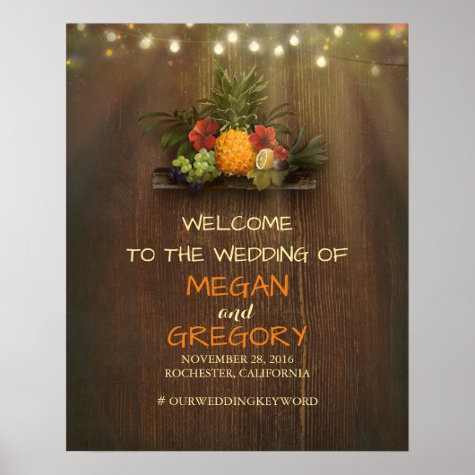 パイナップルルアウ(ハワイ式宴会)ビーチライト結婚ズのウェルカムサイン ポスター (正面)