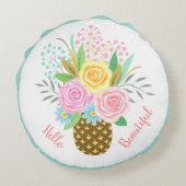 パイナップルローズブーケハロービューティフルピンクイエロー ラウンドクッション (裏面)