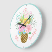 パイナップルローズブーケハロービューティフルピンクイエロー ラージ壁時計 (傾斜)