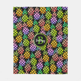 パイナップル数々のモダンカラーのモノグラム名ブラック フリースブランケット