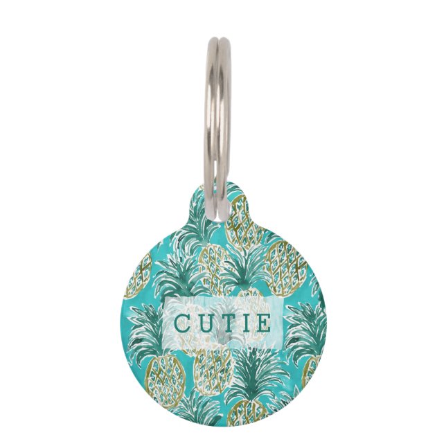 パイナップル時の熱帯お洒落な水彩画 ペット　ネームタグ (正面)