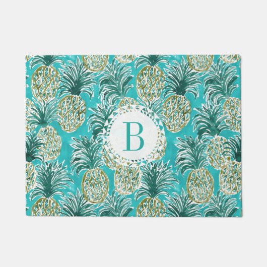 パイナップル時の熱帯水彩画のモノグラム ドアマット (正面)