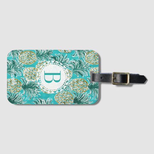 パイナップル時の熱帯水彩画のモノグラム ラゲッジタグ (正面横)