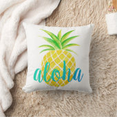 パイナップル水彩画のアロハ熱帯ターコイズ クッション (ブランケット)