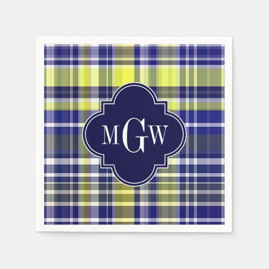 パイナップル濃紺の白くプレッピーなマドラスのモノグラム スタンダードカクテルナプキン (正面)