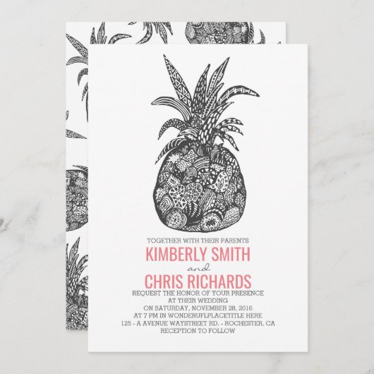パイナップル熱帯ビーチ結婚式 招待状 (正面/裏面)