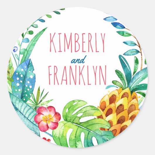 パイナップル熱帯ヤシビーチ結婚式 ラウンドシール (正面)