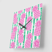 パイナップル竹ストライプのピンク&グリーンパターン スクエア壁時計 (傾斜)