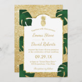 パイナップル結婚トロピカルモダン金ゴールドグリッター 招待状 (正面/裏面)