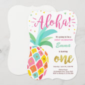 パイナップル誕生日の招待の熱帯ルアウ（ハワイ式宴会）ハワイ 招待状 (正面/裏面)