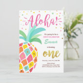 パイナップル誕生日の招待の熱帯ルアウ（ハワイ式宴会）ハワイ 招待状 (スタンド正面)