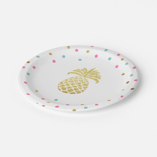 パイナップル誕生日の紙皿の熱帯ルアウ（ハワイ式宴会）の金ゴールド ペーパープレート (アングル)