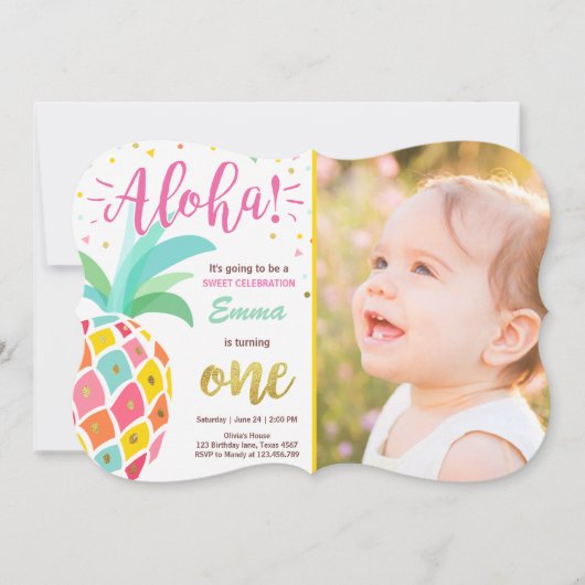 パイナップル誕生日招待状トロピカルルアウ（ハワイ式宴会）ハワイ 招待状 (正面)