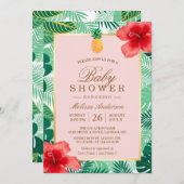 パイナップル赤面ピンク熱帯ベビーシャワー 招待状 (正面/裏面)