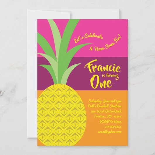 パイナップル1st誕生日かわいい招待状 招待状 (正面)