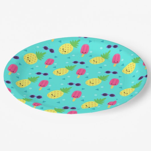 パイナップル、アイスクリーム、サングラス ペーパープレート (アングル)