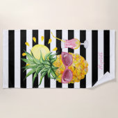 パイナップル、サン、カクテル白黒ストライプ ビーチタオル (正面)