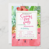 パイナップル、スイカパームリーフサマー誕生日 招待状 (正面)