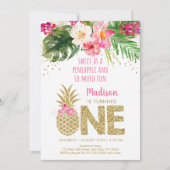 パイナップル トロピカル フラワーズ 1歳の誕生日 招待状 (正面)