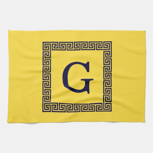 パイナップル、ネイビーブルーギリシャ鍵#1 Framed Monogram キッチンタオル (横)