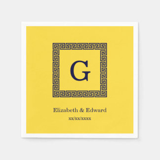 パイナップル、ネイビーブルーギリシャ鍵#1 Framed Monogram スタンダードカクテルナプキン