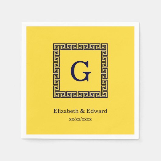 パイナップル、ネイビーブルーギリシャ鍵#1 Framed Monogram スタンダードカクテルナプキン (正面)
