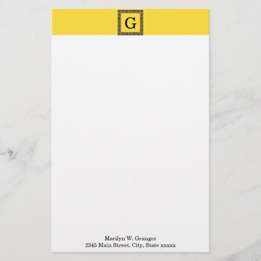 パイナップル、ネイビーブルーギリシャ鍵#1 Framed Monogram 便箋 (正面)