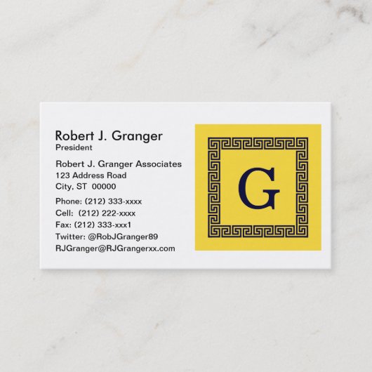 パイナップル、ネイビーブルーギリシャ鍵#1 Framed Monogram 名刺 (正面)