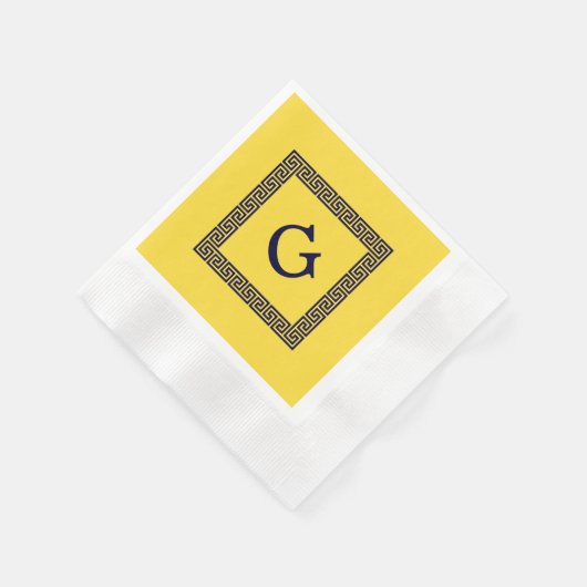 パイナップル、ネイビーブルーギリシャ鍵#1 Framed Monogram 縁ありカクテルナプキン (角)