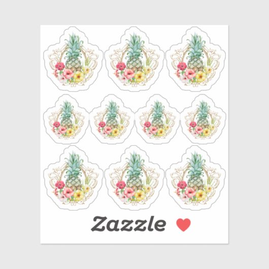 パイナップル&ハイビスカスフラワーウォータカラートロピカル シール (シート)