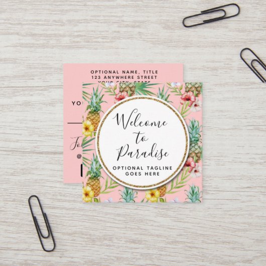 パイナップル&ハイビスカスフラワーウォータカラートロピカル スクエア名刺 (正面/裏面インサイチュ)
