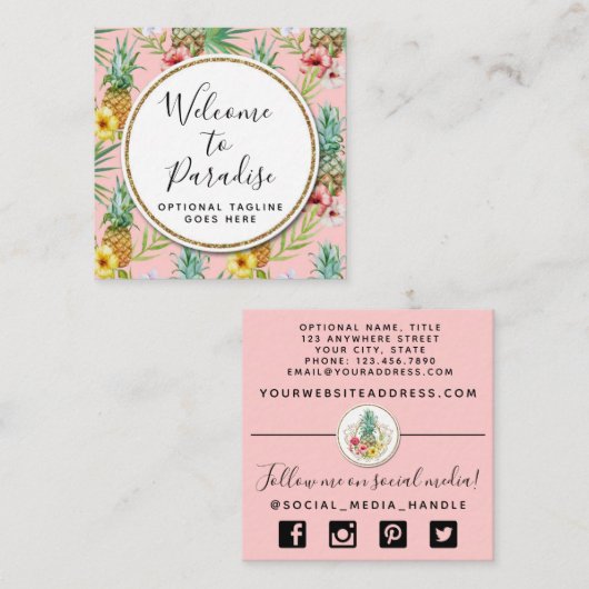 パイナップル&ハイビスカスフラワーウォータカラートロピカル スクエア名刺 (正面/裏面)