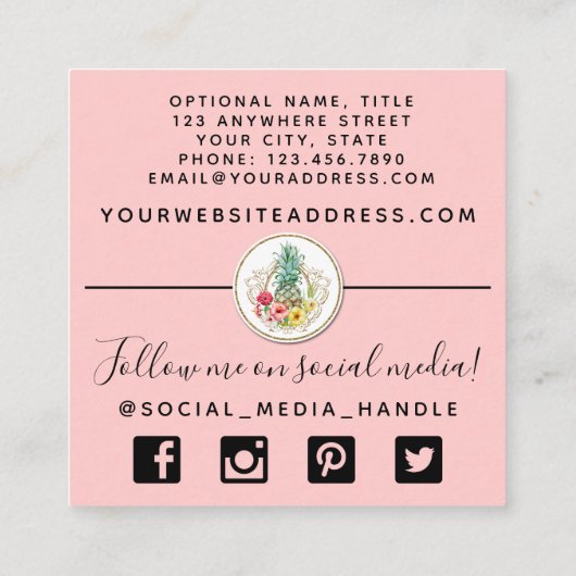 パイナップル&ハイビスカスフラワーウォータカラートロピカル スクエア名刺 (裏面)