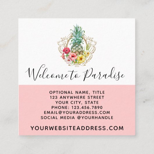 パイナップル&ハイビスカスフラワーウォータカラートロピカル スクエア名刺 (裏面)