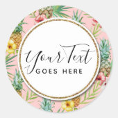 パイナップル&ハイビスカスフラワーウォータカラートロピカル ラウンドシール (正面)