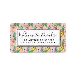 パイナップル&ハイビスカスフラワーウォータカラートロピカル ラベル