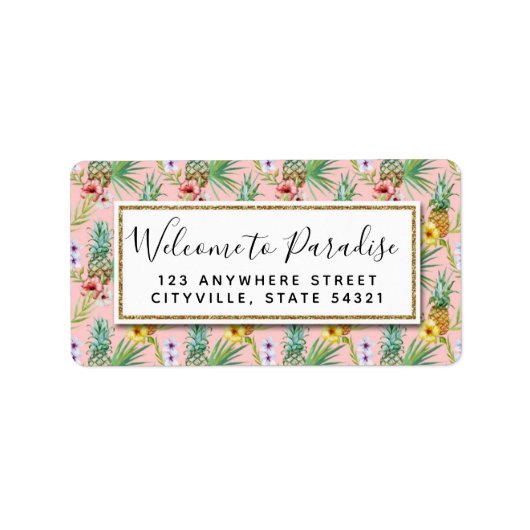 パイナップル&ハイビスカスフラワーウォータカラートロピカル ラベル (正面)