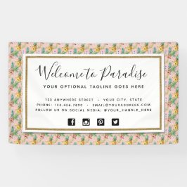 パイナップル&ハイビスカスフラワーウォータカラートロピカル 横断幕