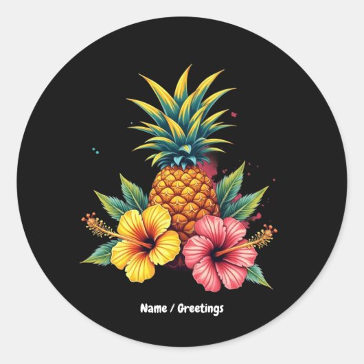 パイナップル&ハイビスカスフローラハワイ夏ビーチ ラウンドシール (正面)