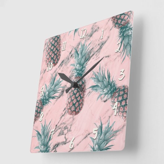 パイナップル&ピンクマーブルスワールトロピカルモダンシック スクエア壁時計 (傾斜)